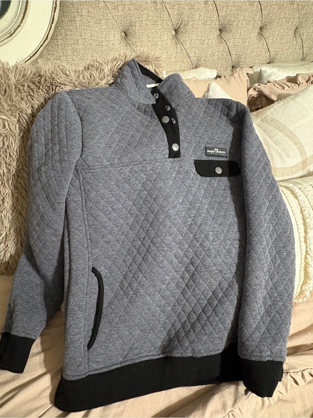 Simply Southern Heather Gray Quilted Snap Pullover with Black Trim